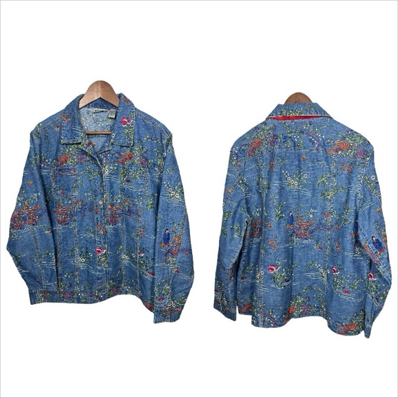 Vintage Chicos WO's Sz. 3 (US size 16) Asian Inspired Embroidered Denim Jacket - Picture 12 of 12